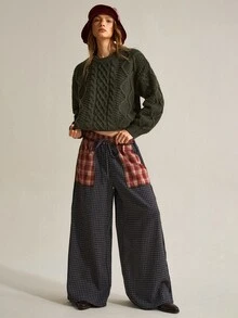 SHEIN Women's Fashion Vacation Plaid Pocket Drawstring Waist Loose Long Pants - Multicolor - View 5