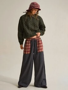 SHEIN Women's Fashion Vacation Plaid Pocket Drawstring Waist Loose Long Pants - Multicolor - View 6
