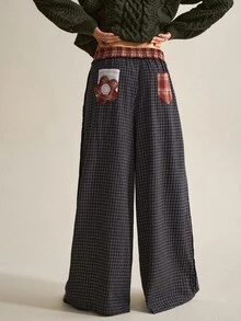 SHEIN Women's Fashion Vacation Plaid Pocket Drawstring Waist Loose Long Pants - Multicolor - View 3
