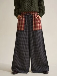 SHEIN Women's Fashion Vacation Plaid Pocket Drawstring Waist Loose Long Pants - Multicolor - View 8