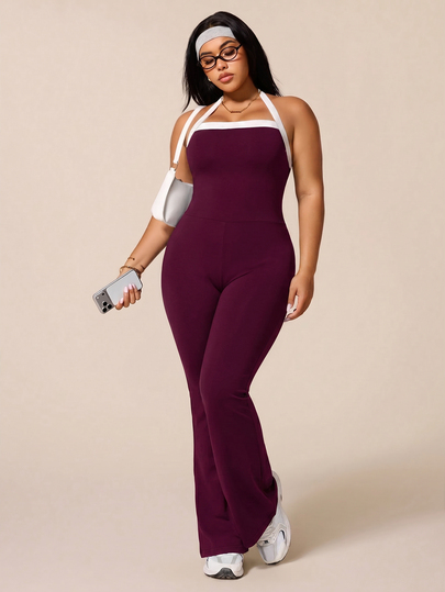 SHEIN Rhythm Era جمبسوت رياضي للنساء مقاس كبير لليوجا والرياضة الخارجية والجيم، قطعة واحدة بدون حمالات، كاميسول بحمالات سباغيتي بلون متباين، بنطال ليقنز بقصة واسعة من الأسفل وتصميم ضيق
