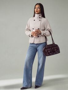 SHEIN PETITE Apricot Woven High Neck Raglan Sleeve Double-Breasted Jacket - Khaki - View 7