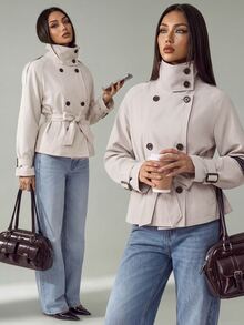 SHEIN PETITE Apricot Woven High Neck Raglan Sleeve Double-Breasted Jacket - Khaki - View 3