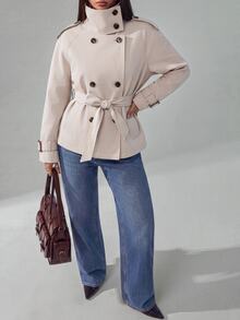 SHEIN PETITE Apricot Woven High Neck Raglan Sleeve Double-Breasted Jacket - Khaki - View 6