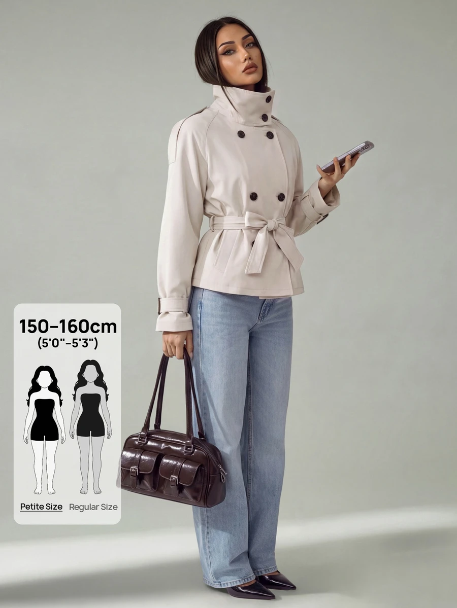 SHEIN PETITE Apricot Woven High Neck Raglan Sleeve Double-Breasted Jacket - Khaki - View 1