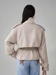 SHEIN PETITE Apricot Woven High Neck Raglan Sleeve Double-Breasted Jacket - Khaki - View 8