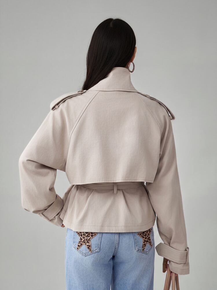 SHEIN PETITE Apricot Woven High Neck Raglan Sleeve Double-Breasted Jacket - Khaki - View 8