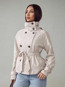 SHEIN PETITE Apricot Woven High Neck Raglan Sleeve Double-Breasted Jacket - Khaki - View 2