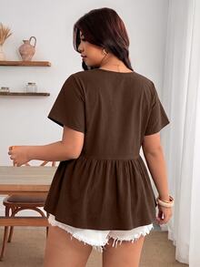 Enliva Atasan Wanita Ukuran Besar Lengan Berkerut Leher V, Blus Musim Panas untuk Bentuk Tubuh Berlekuk, Cocok untuk Bentuk Tubuh Apel dan Bulat, Pakaian Liburan, Pakaian Penting Musim Panas - Coklat - View 3