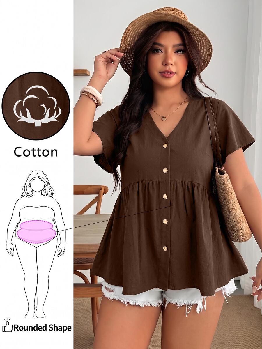 Enliva Atasan Wanita Ukuran Besar Lengan Berkerut Leher V, Blus Musim Panas untuk Bentuk Tubuh Berlekuk, Cocok untuk Bentuk Tubuh Apel dan Bulat, Pakaian Liburan, Pakaian Penting Musim Panas