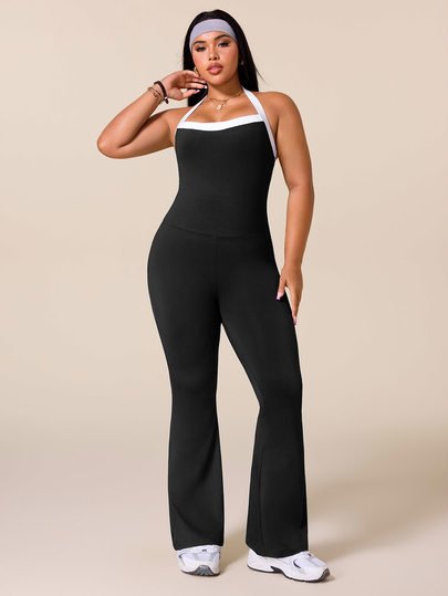 SHEIN Rhythm Era Bộ bodysuit thể thao yoga ngoài trời và phòng gym cho nữ size lớn, quần legging ống loe dây mảnh không dây đeo, legging cơ bản ôm sát