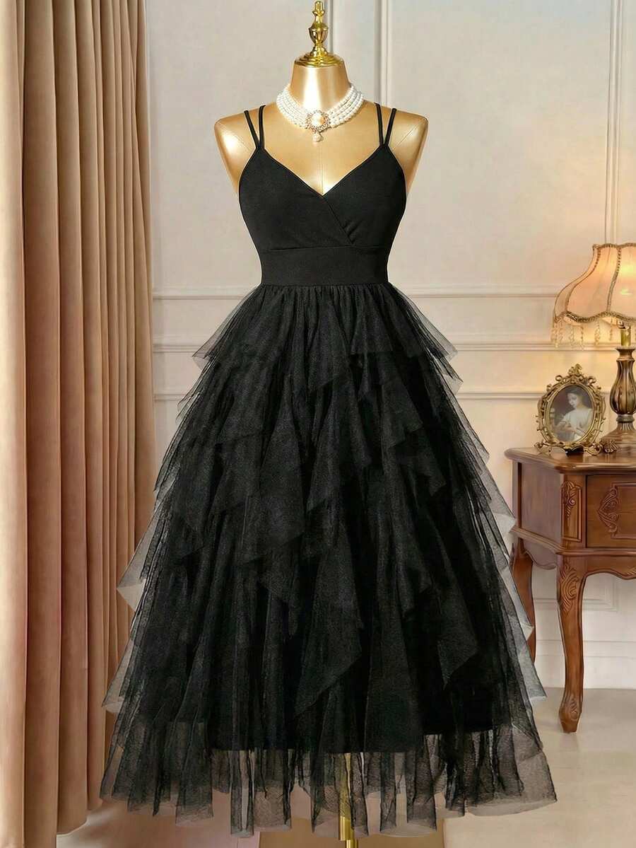 Rometta Gaun Jala Berkerut Hitam Ukuran Plus yang Indah & Elegan, Gaun Cami Silang Elegan untuk Acara Spesial, Tamu Pernikahan - Hitam - View 1