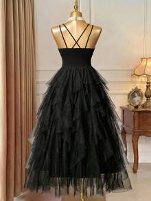 Rometta Gaun Jala Berkerut Hitam Ukuran Plus yang Indah & Elegan, Gaun Cami Silang Elegan untuk Acara Spesial, Tamu Pernikahan - Hitam - View 2