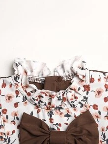 SHEIN 女童對比色蝴蝶結卡其色長袖洋裝 - 卡其色 - 查看 4