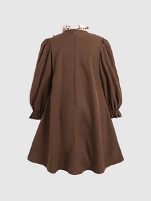 SHEIN 女童對比色蝴蝶結卡其色長袖洋裝 - 卡其色 - 查看 2
