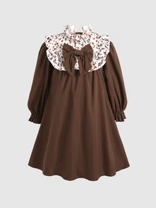 SHEIN 女童對比色蝴蝶結卡其色長袖洋裝 - 卡其色 - 查看 3