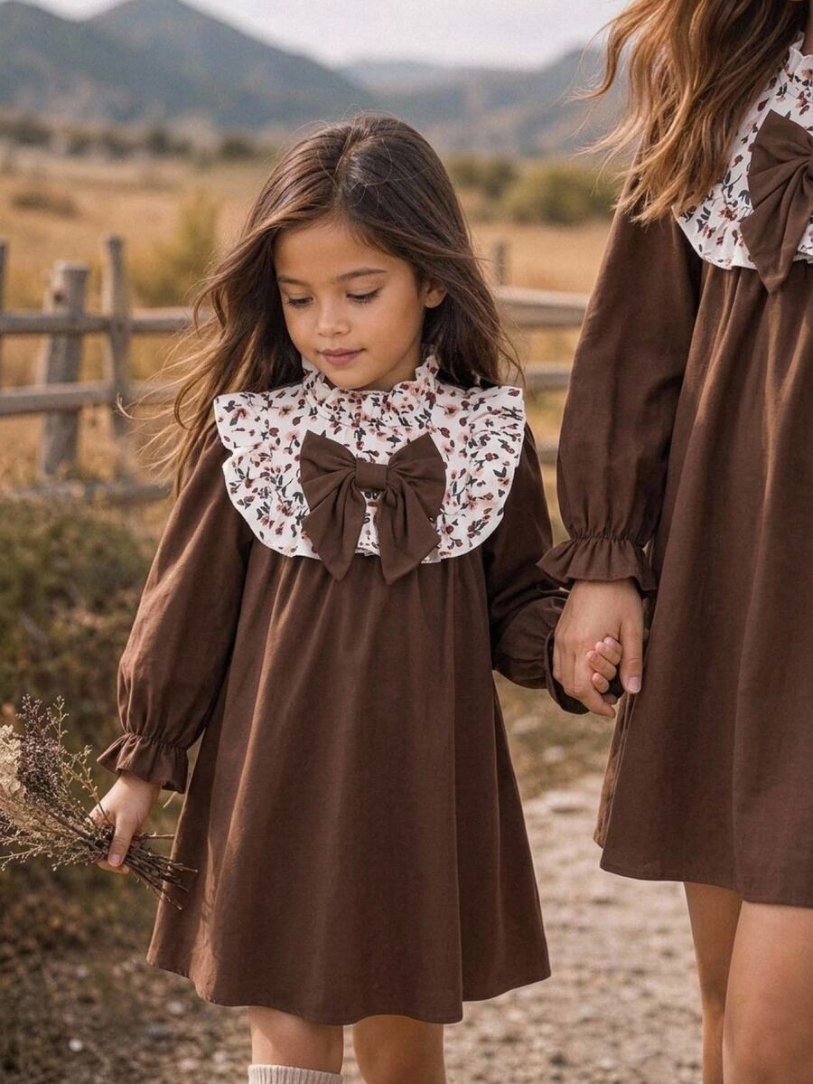 SHEIN Girls Contrast Bow Khaki Long Sleeve Dress - Khaki - View 1