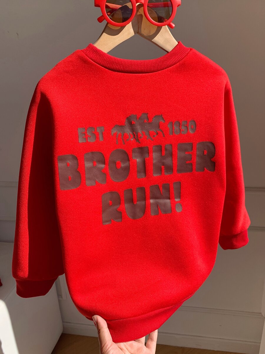 Young Boys Casual Comfortable Cute Style, Cartoon Print, Back Graphic, Crew Neck Pullover Sweatshirt, Suitable For Autumn/Winter - Red - View 1