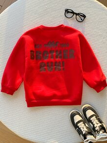 Young Boys Casual Comfortable Cute Style, Cartoon Print, Back Graphic, Crew Neck Pullover Sweatshirt, Suitable For Autumn/Winter - Red - View 5