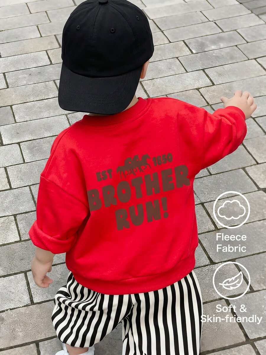 小男孩休閒舒適可愛風，卡通印花，背後圖案，圓領套頭運動衫，適合秋冬穿著 - 紅色 - 查看 1