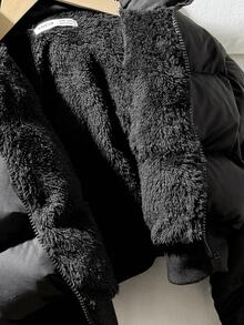 SHEIN Tween女孩簡約舒適時尚大廓形短版立領填充外套黑色羽絨夾克，適合秋冬冬季 - 黑色 - 查看 8