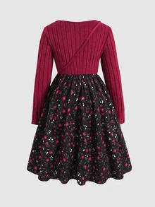 SHEIN 兒童青少年女孩休閒簡約舒適圓領套頭長袖拼接中長洋裝 - 紅色 - 查看 2