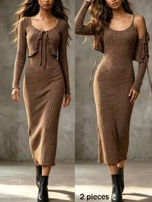 Trelyra Women's 2 Pieces Set, Brushed Ribbed Brown Long Sleeve Cardigan & Cami Dress, Casual Home Wear, Autumn/Winter - Brown - View 4