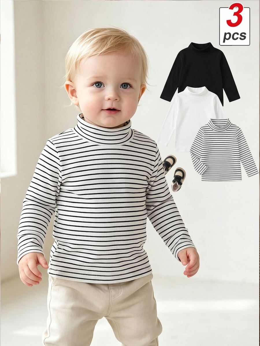 SHEIN Souflis 3pcs/Set Baby Boys Neutral Autumn/Winter New Soft Comfortable Fleece Ribbed Fabric Black & White Ribbed Long Sleeve Mock Neck Base Layer T-Shirt Tops - Multicolor - View 1