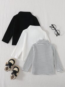 SHEIN Souflis 3pcs/Set Baby Boys Neutral Autumn/Winter New Soft Comfortable Fleece Ribbed Fabric Black & White Ribbed Long Sleeve Mock Neck Base Layer T-Shirt Tops - Multicolor - View 2