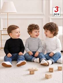 SHEIN Souflis 3pcs/Set Baby Boys Neutral Autumn/Winter New Soft Comfortable Fleece Ribbed Fabric Black & White Ribbed Long Sleeve Mock Neck Base Layer T-Shirt Tops - Multicolor - View 7