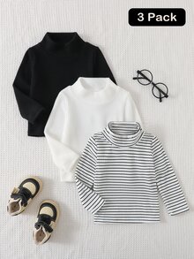 SHEIN Souflis 3pcs/Set Baby Boys Neutral Autumn/Winter New Soft Comfortable Fleece Ribbed Fabric Black & White Ribbed Long Sleeve Mock Neck Base Layer T-Shirt Tops - Multicolor - View 8