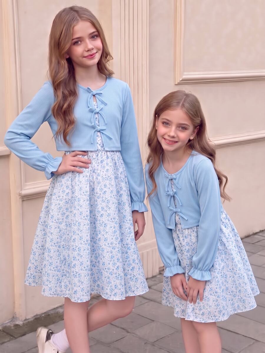 SHEIN Sparklyn Tween Girls Long Sleeve Fleece Fall Dresses Matching 2pcs/Set Tween Girl Spring/Autumn Casual Ribbed Knit Bow Decor Cardigan Top And Printed Camiso...