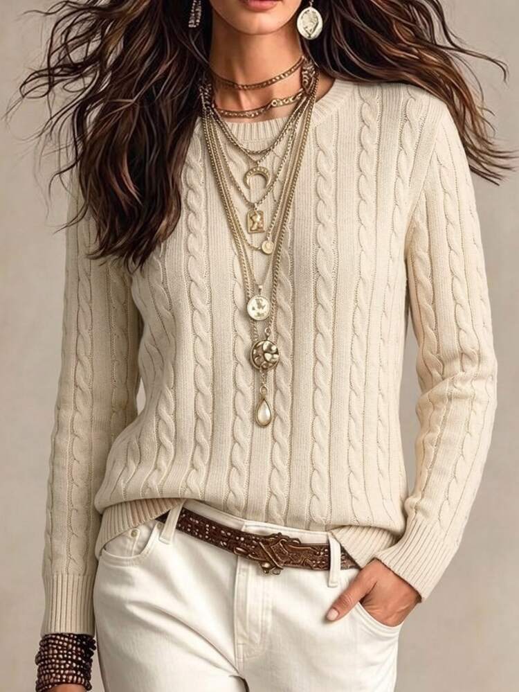 SHEIN Round Neck Twisted Rope Fitted Pullover Sweater, Autumn/Winter - White - View 3