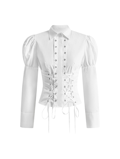 Women's White Blouse With Drawstring Eyelets, Leg-Of-Mutton Sleeves, Gothic Court Style, Unique Niche Design