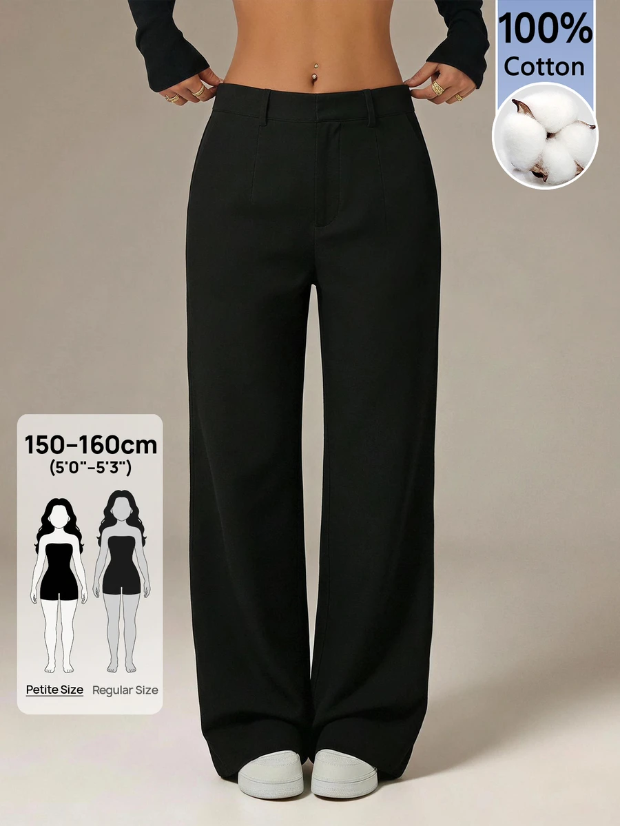 SHEIN PETITE 小碼女款棉混紡長款直筒長褲,時尚商務休閒日常穿搭,商務辦公全黑夏季款 - 黑色 - 查看 1