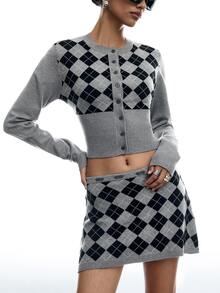 LYSMO Women's Argyle Cardigan Knit Skirt 2 Pieces Set Fall Clothes Going Out Everyday School Outfits For Night Out Night Out Outfit Dark Grey Vintage Preppy - Multicolor - View 9