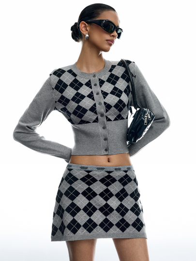 LYSMO Women's Argyle Cardigan Knit Skirt 2 Pieces Set Autumn Clothes Going Out School Outfits For Night Out Night Out Outfit Dark Grey Vintage Preppy