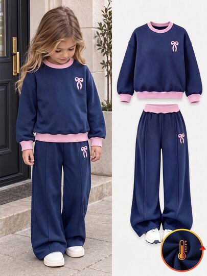SHEIN Sparklyn Young Girls 2pcs Set, Pink Bow Decor Crew Navy Blue Long Sleeve Graphic Sweatshirt & Wide Leg Pants,For Holiday,New Fall Style