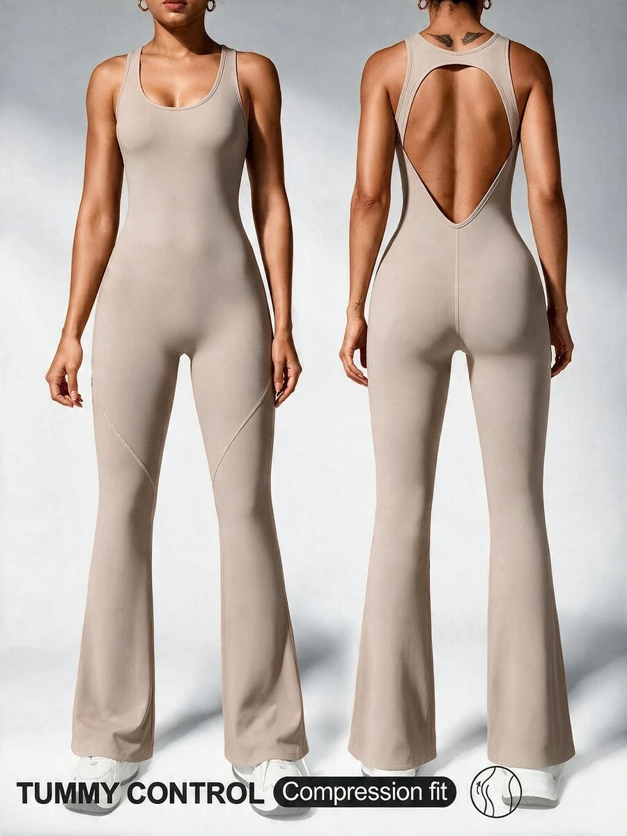 Slayform Slayform Solid Color Backless Sleeveless Sports Jumpsuit - Beige - View 1