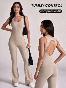 Slayform Slayform Solid Color Backless Sleeveless Sports Jumpsuit - Beige - View 6