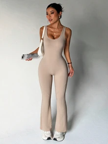 Slayform Slayform Solid Color Backless Sleeveless Sports Jumpsuit - Beige - View 4