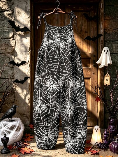 EMERY ROSE Mono casual holgado de pierna recta para mujer talla grande, mono largo holgado con tirantes finos, sin mangas y hombros descubiertos, estampado lindo de dibujos animados de Halloween oscuro con telaraña y murciélago, atuendo para fiesta de verano