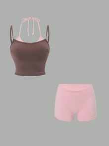SHEIN Swim Sporty Style Coffee Pink Contrast Color Solid No Print Double Layer 2 In 1 Spaghetti Strap Camisole Cropped Tank Top Folded Wide Waistband Tight Shorts Pure Desire Home Slouchy Spring Summer Bedroom Home Selfie Soft Low Saturation Tone Slim Fit Slim Fit Gentle - Multicolor - View 8