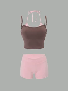 SHEIN Swim Sporty Style Coffee Pink Contrast Color Solid No Print Double Layer 2 In 1 Spaghetti Strap Camisole Cropped Tank Top Folded Wide Waistband Tight Shorts Pure Desire Home Slouchy Spring Summer Bedroom Home Selfie Soft Low Saturation Tone Slim Fit Slim Fit Gentle - Multicolor - View 9