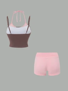 SHEIN Swim Sporty Style Coffee Pink Contrast Color Solid No Print Double Layer 2 In 1 Spaghetti Strap Camisole Cropped Tank Top Folded Wide Waistband Tight Shorts Pure Desire Home Slouchy Spring Summer Bedroom Home Selfie Soft Low Saturation Tone Slim Fit Slim Fit Gentle - Multicolor - View 7