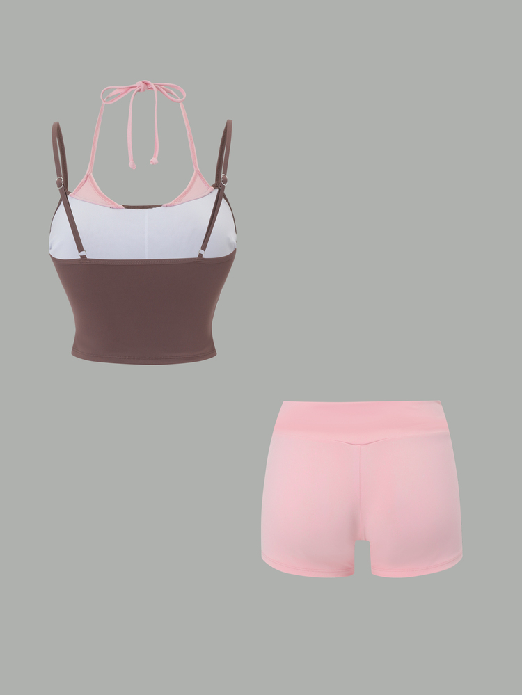 SHEIN Swim 運動風咖啡粉對比色純色無印花雙層 2 合 1 細肩帶短版背心，折疊寬腰頭緊身短褲，純欲風居家慵懶風，春夏臥室居家自拍，柔軟低飽和色調，修身貼身溫柔感 - 彩色 - 查看 7