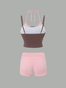SHEIN Swim Sporty Style Coffee Pink Contrast Color Solid No Print Double Layer 2 In 1 Spaghetti Strap Camisole Cropped Tank Top Folded Wide Waistband Tight Shorts Pure Desire Home Slouchy Spring Summer Bedroom Home Selfie Soft Low Saturation Tone Slim Fit Slim Fit Gentle - Multicolor - View 10