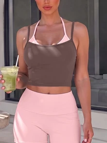 SHEIN Swim Sporty Style Coffee Pink Contrast Color Solid No Print Double Layer 2 In 1 Spaghetti Strap Camisole Cropped Tank Top Folded Wide Waistband Tight Shorts Pure Desire Home Slouchy Spring Summer Bedroom Home Selfie Soft Low Saturation Tone Slim Fit Slim Fit Gentle - Multicolor - View 6