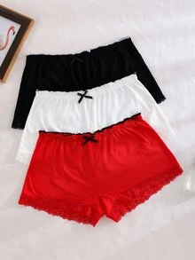 PetitDoll 3pcs/Set Women Casual Lace Panel Ribbed Trim Boyleg Briefs - Multicolor - View 3