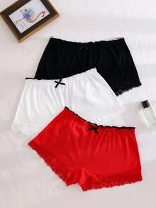 PetitDoll 3pcs/Set Women Casual Lace Panel Ribbed Trim Boyleg Briefs - Multicolor - View 7